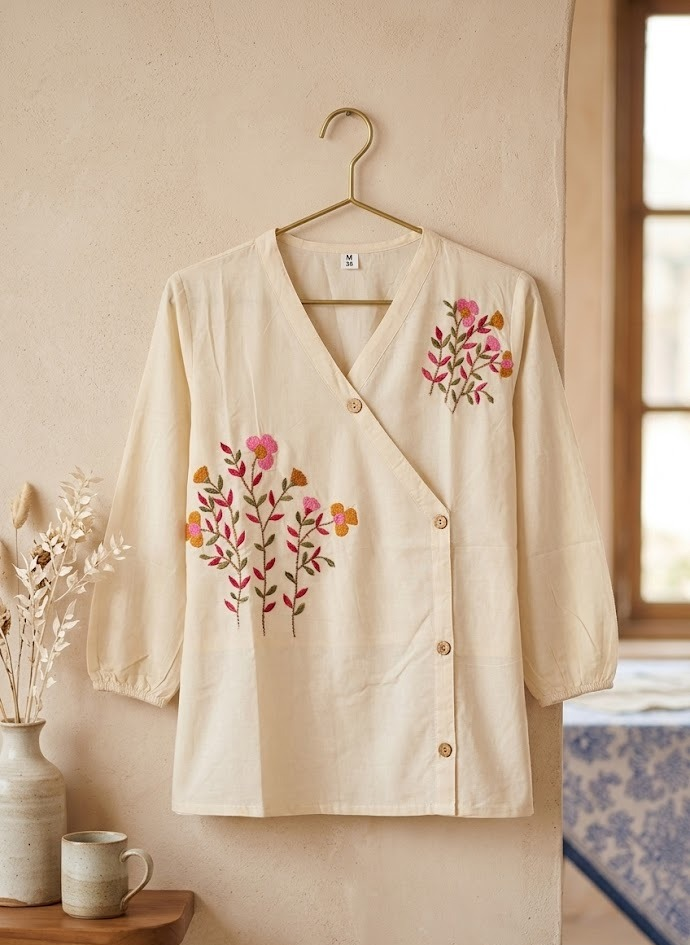 FLORAL EMBROIDERED WRAP TOP - OFF-WHITE