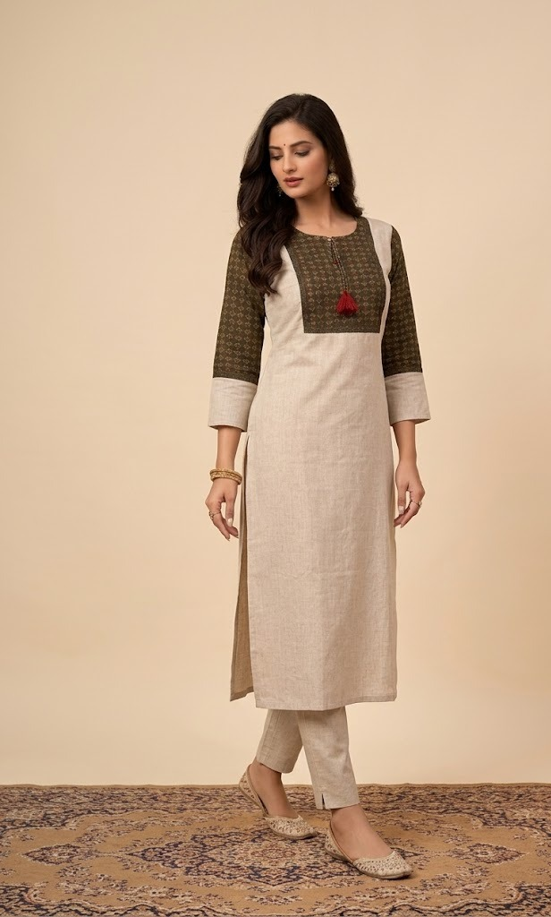 KHADI KURTA TOP WITH PRINTED YOKE