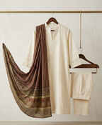 Off-White Embroidered Kurta Set with Printed Dupatta