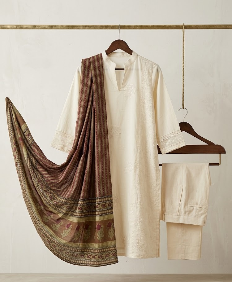 Off-White Embroidered Kurta Set with Printed Dupatta