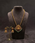 Antique Gold Lakshmi Temple Jewelry Set with Pink Stones & Green Beads