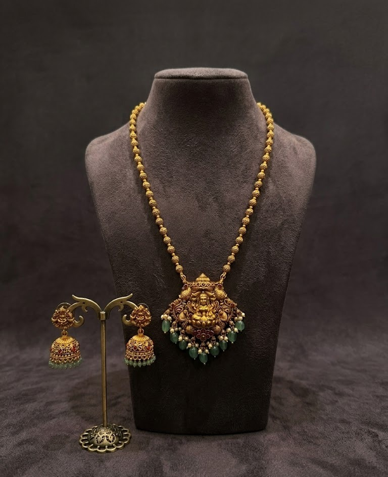 Antique Gold Lakshmi Temple Jewelry Set with Pink Stones & Green Beads
