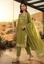Olive Green Embroidered Kurta Set with Dupatta for Women