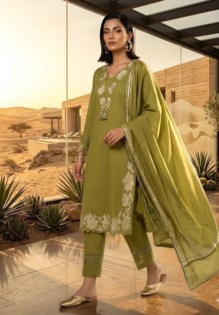 Olive Green Embroidered Kurta Set with Dupatta for Women