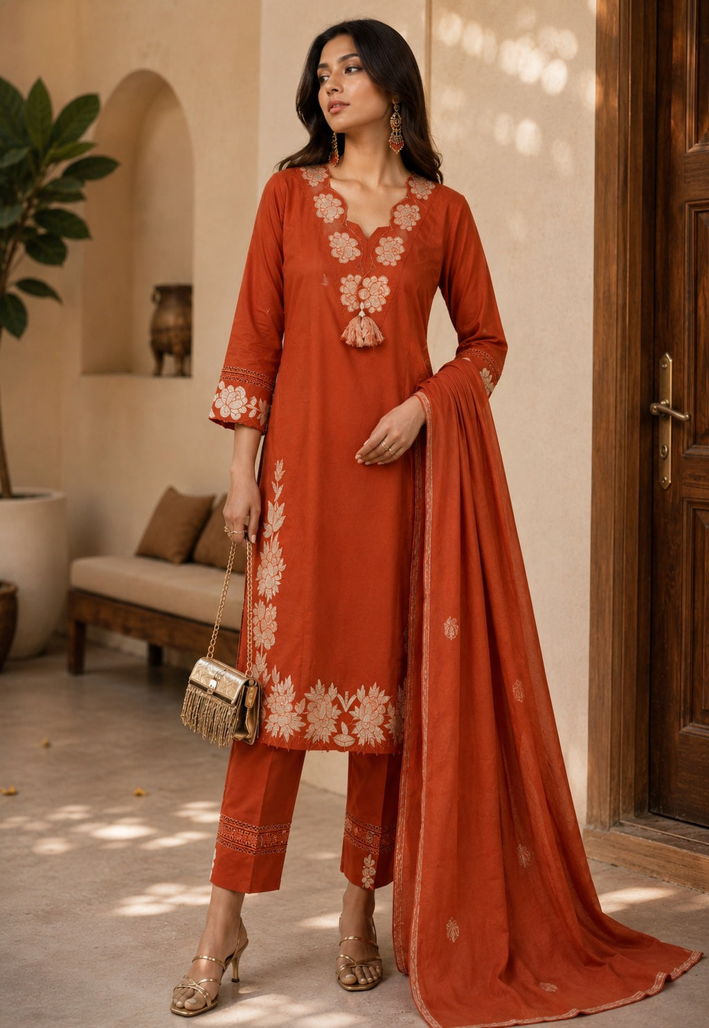 Rust Orange Cotton Embroidered Kurta Set with Dupatta for Women