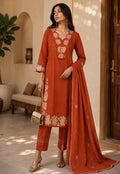 Rust Orange Cotton Embroidered Kurta Set with Dupatta for Women