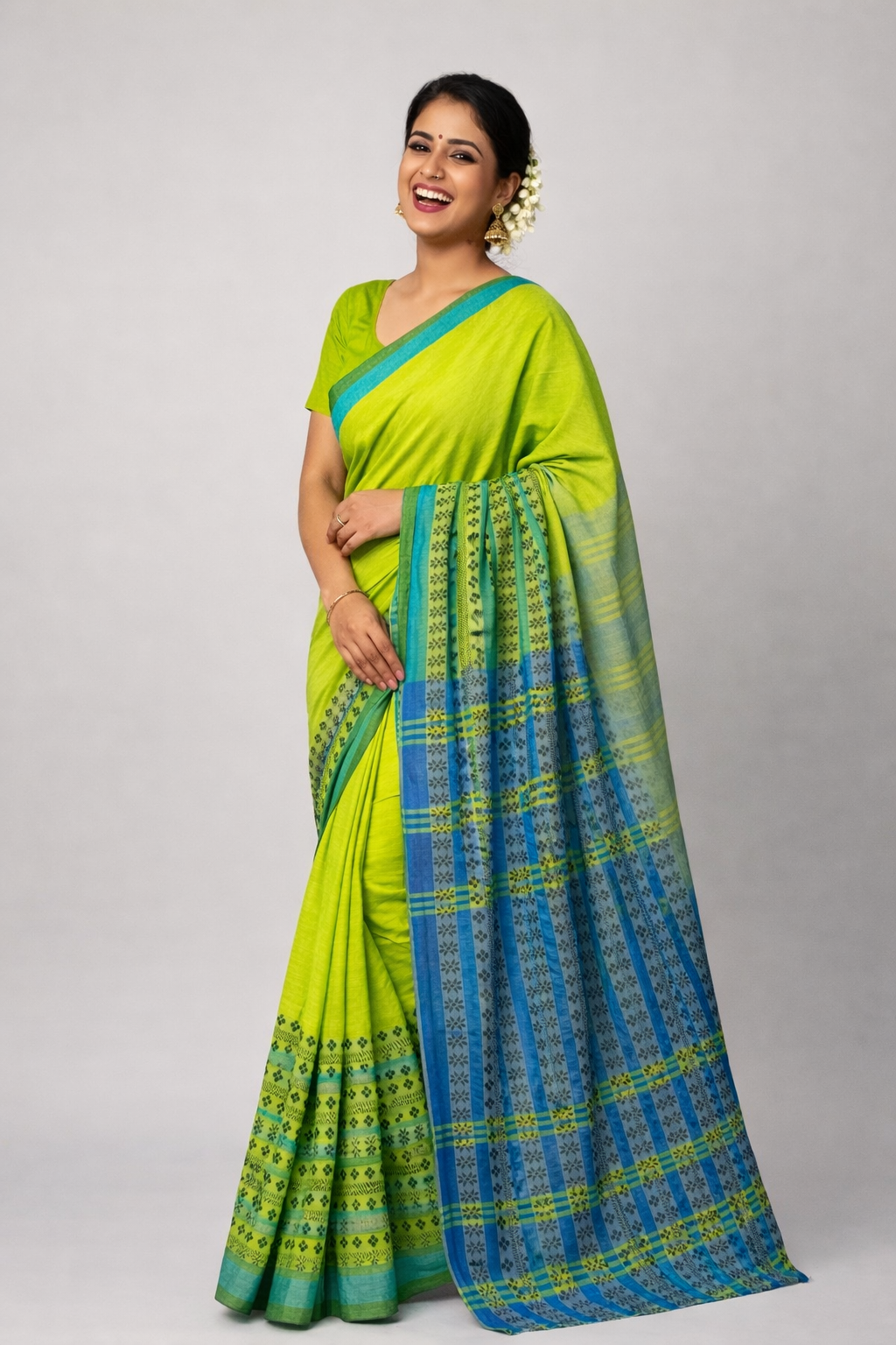 AUTHENTIC  LIME GREEN & BLUE BEGAMPUDI SAREE